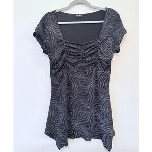 y2k Ruched Shimmer Top Black Silver Metallic Blouse Asymmetrical Hem, Large